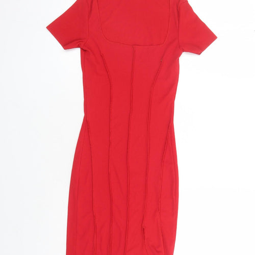 PRETTYLITTLETHING Womens Red Polyester Bodycon Size 8 Square Neck Pullover
