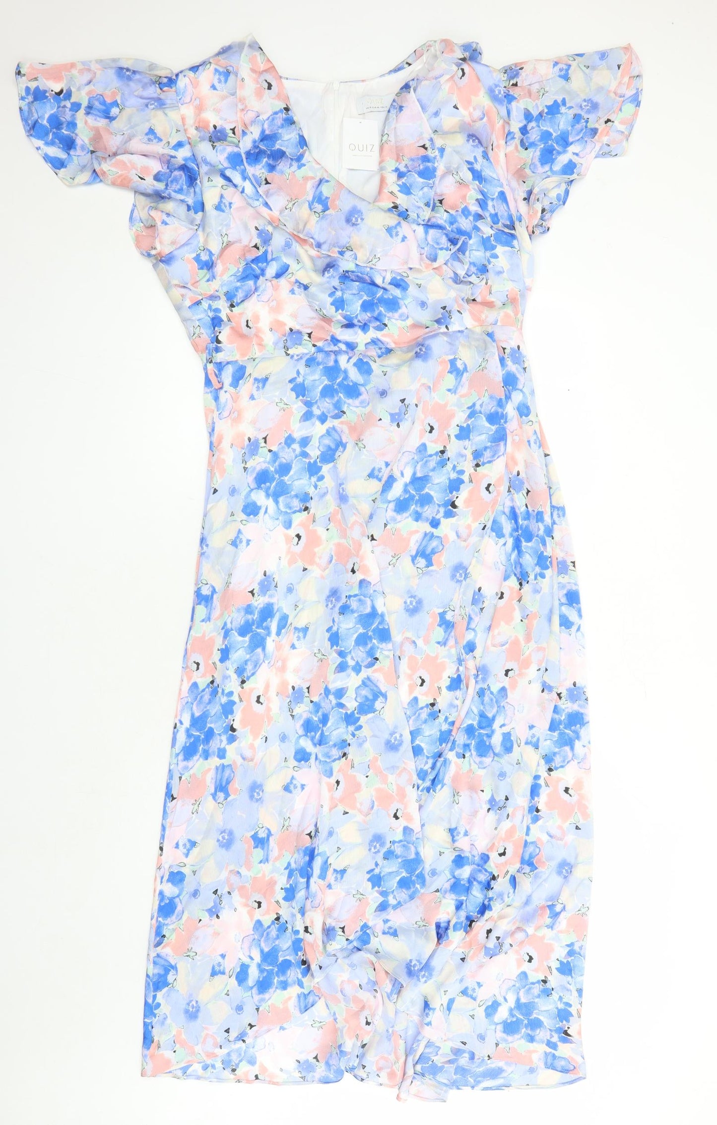 Quiz Womens Blue Floral Polyester Maxi Size 18 V-Neck Zip - Lined