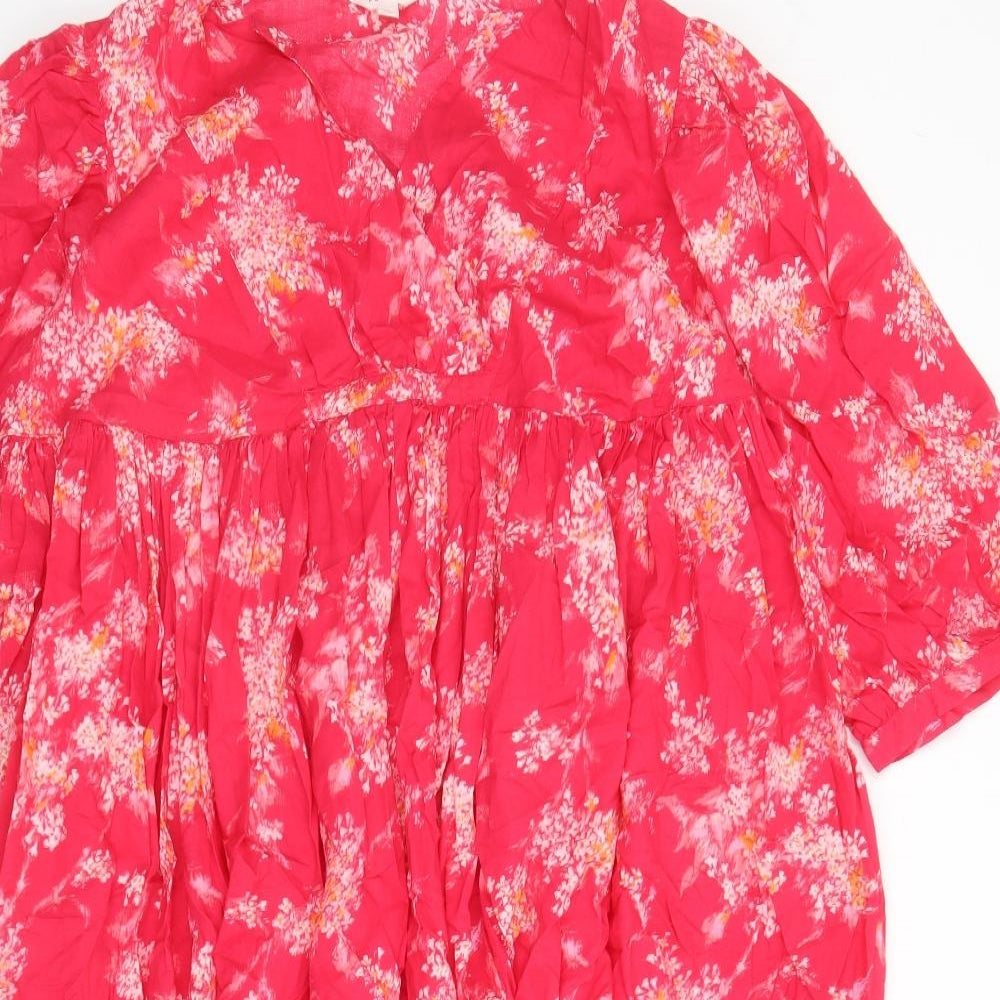 Per Una Womens Pink Floral 100% Cotton Trapeze & Swing Size M V-Neck Pullover
