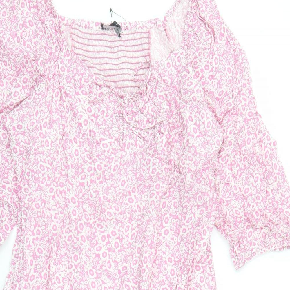Marks and Spencer Womens Pink Floral Viscose A-Line Size 24 V-Neck Zip - Split Detail