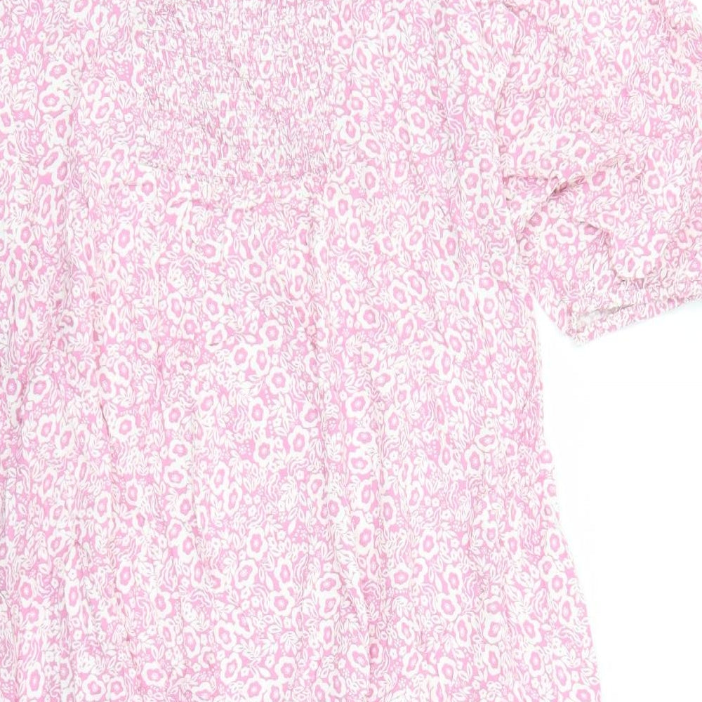 Marks and Spencer Womens Pink Floral Viscose A-Line Size 24 V-Neck Zip - Split Detail