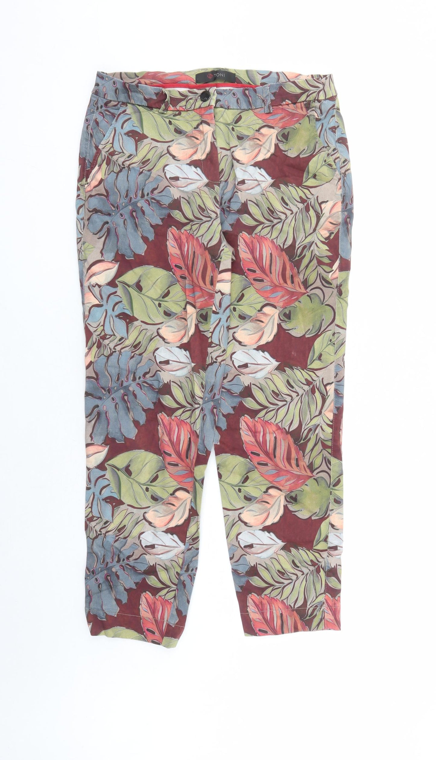 Toni Womens Brown Geometric Cotton Carrot Trousers Size 14 L27 in Slim Zip - Pockets Leaf Pattern