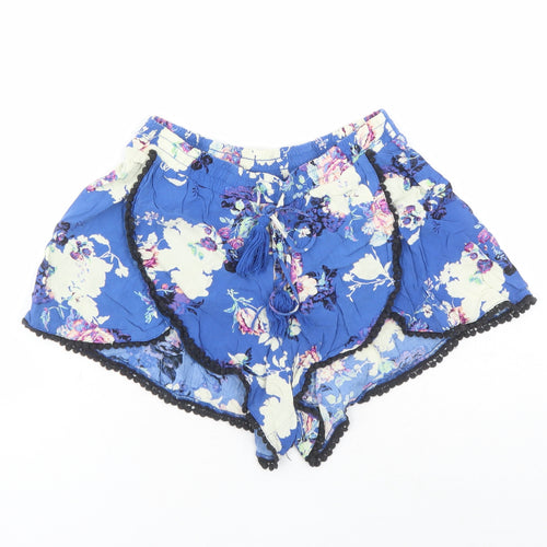 Cotton On Womens Blue Floral 100% Cotton Hot Pants Shorts Size S Regular Drawstring - Elasticated Waist Tassel