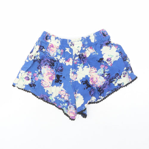 Cotton On Womens Blue Floral 100% Cotton Hot Pants Shorts Size S Regular Drawstring - Elasticated Waist Tassel