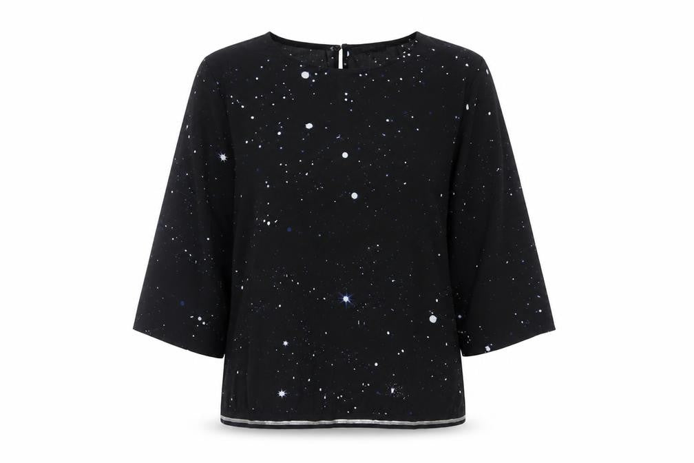 Front view of Kiomi women’s black geometric polyester basic blouse, size UK 8, round neck