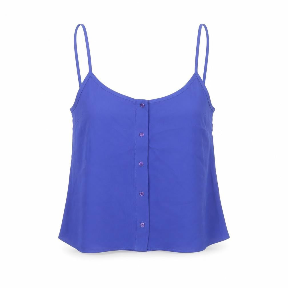 Front view of Topshop women’s blue polyester camisole tank, size UK 8, round neck