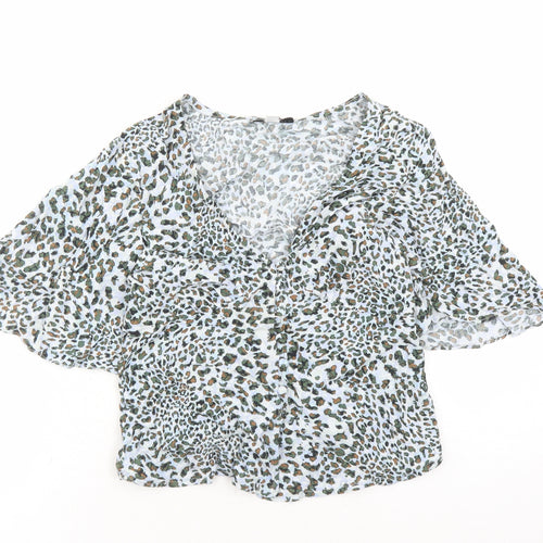 Topshop Womens Blue Animal Print Viscose Basic Button-Up Size 8 V-Neck - Leopard Pattern