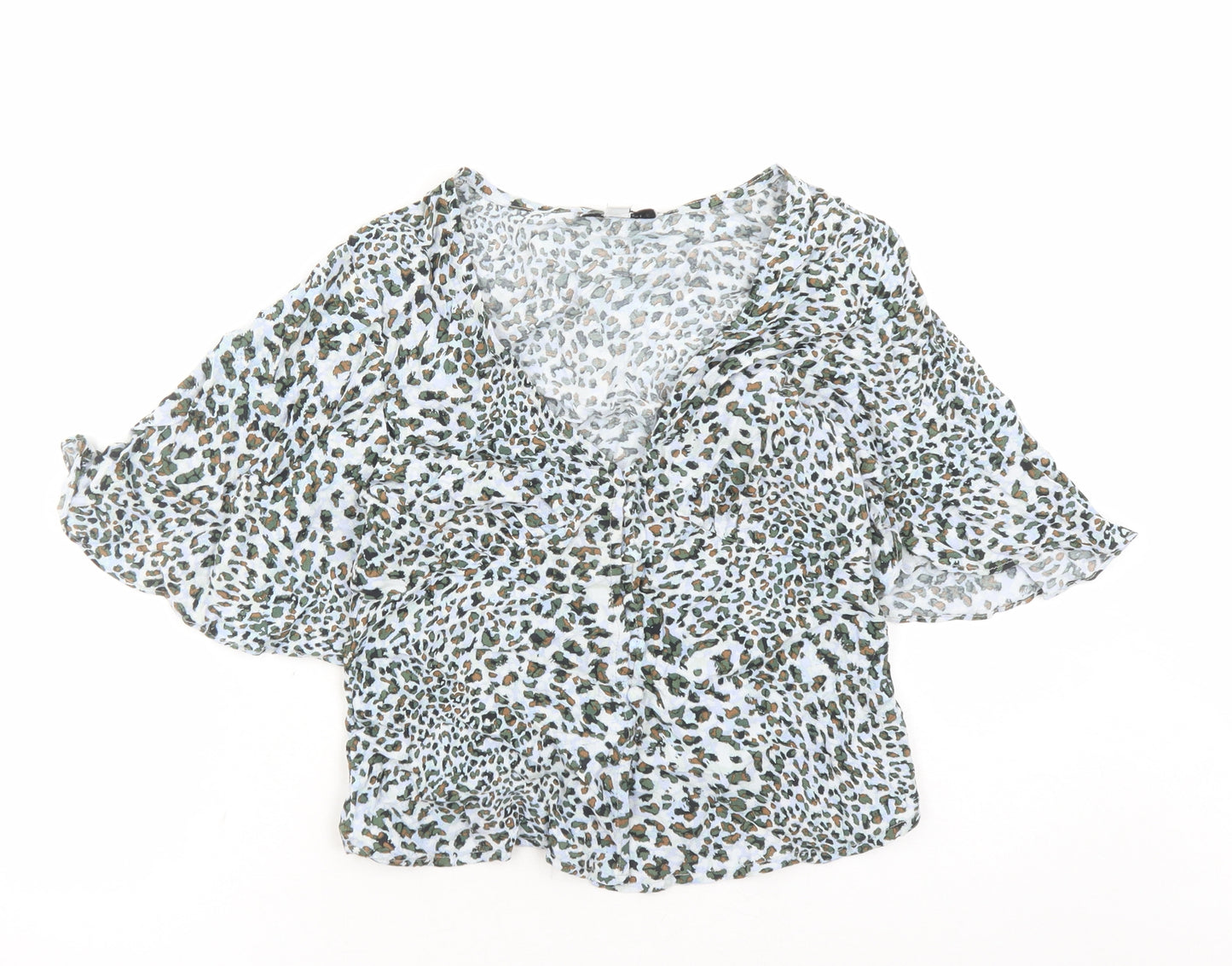 Topshop Womens Blue Animal Print Viscose Basic Button-Up Size 8 V-Neck - Leopard Pattern