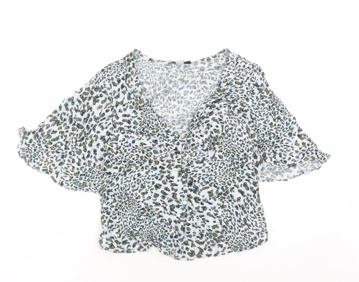Topshop Womens Blue Animal Print Viscose Basic Button-Up Size 8 V-Neck - Leopard Pattern