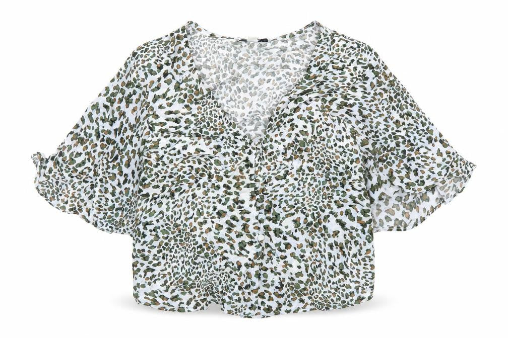 Front view of Topshop women’s blue animal print viscose basic button-up, size UK 8, v-neck - leopard pattern