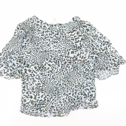 Topshop Womens Blue Animal Print Viscose Basic Button-Up Size 8 V-Neck - Leopard Pattern