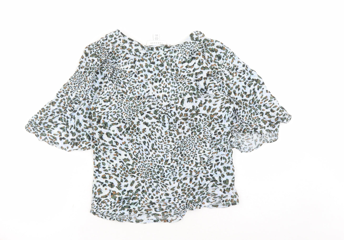 Topshop Womens Blue Animal Print Viscose Basic Button-Up Size 8 V-Neck - Leopard Pattern