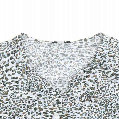 Topshop Womens Blue Animal Print Viscose Basic Button-Up Size 8 V-Neck - Leopard Pattern