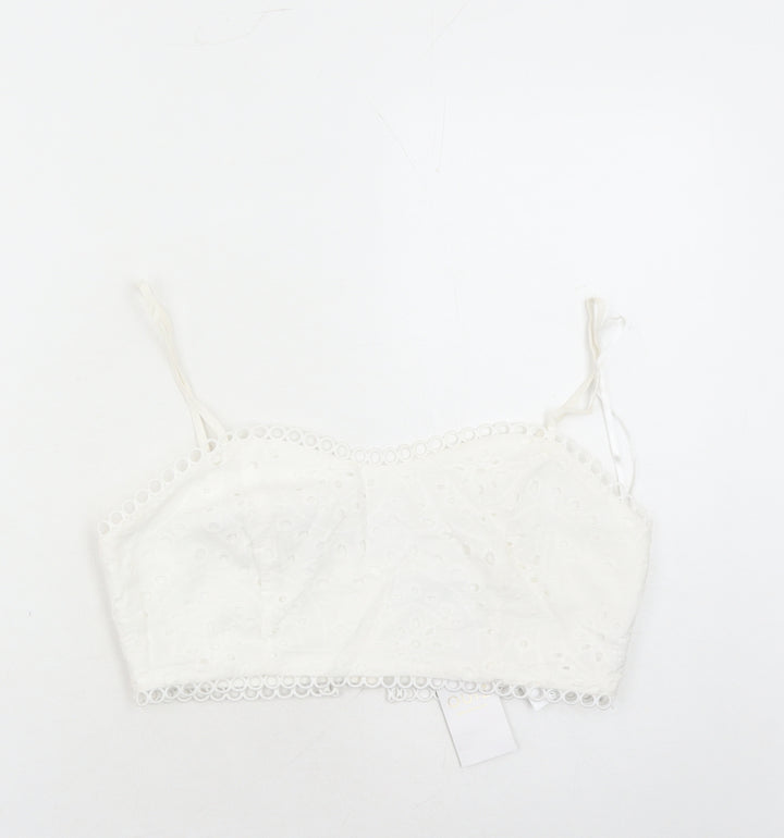 Quiz Womens White Cotton Cropped Tank Size 12 Square Neck - Embroidered Detail