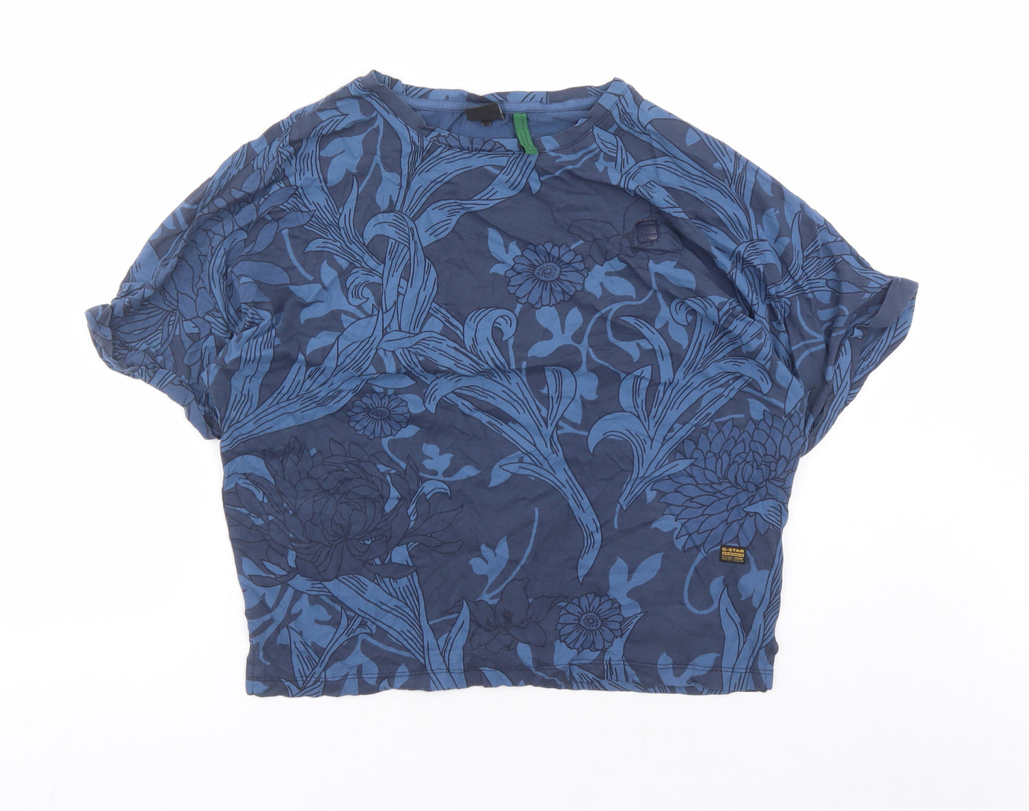 G-Star Womens Blue Floral 100% Cotton Basic T-Shirt Size M Round Neck