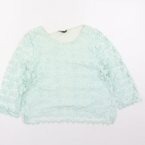 Topshop Womens Green Floral Polyester Basic Blouse Size 10 Round Neck