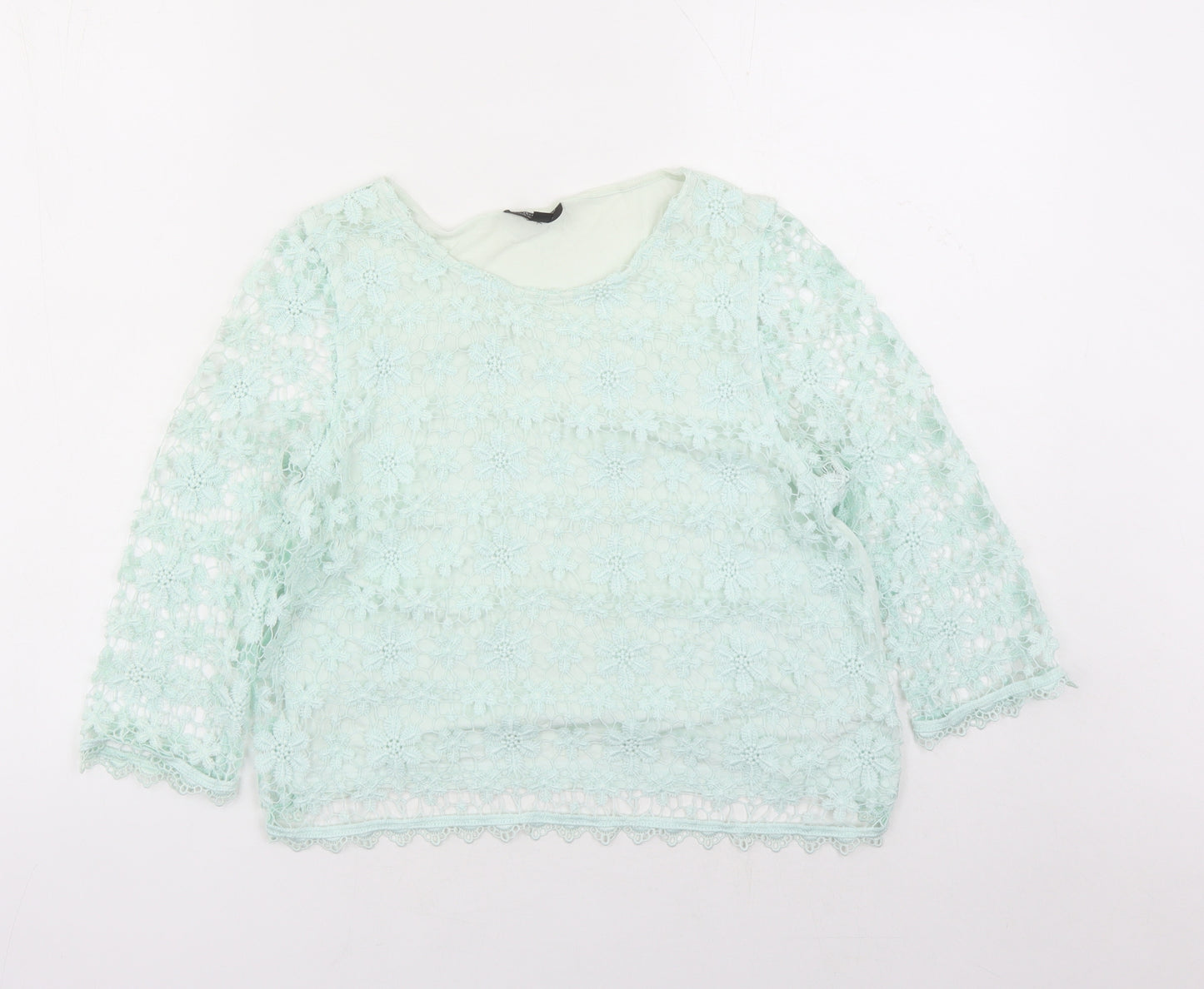 Topshop Womens Green Floral Polyester Basic Blouse Size 10 Round Neck