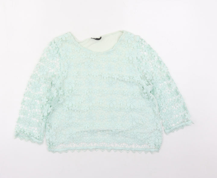 Topshop Womens Green Floral Polyester Basic Blouse Size 10 Round Neck