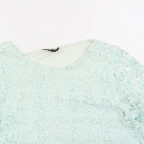 Topshop Womens Green Floral Polyester Basic Blouse Size 10 Round Neck