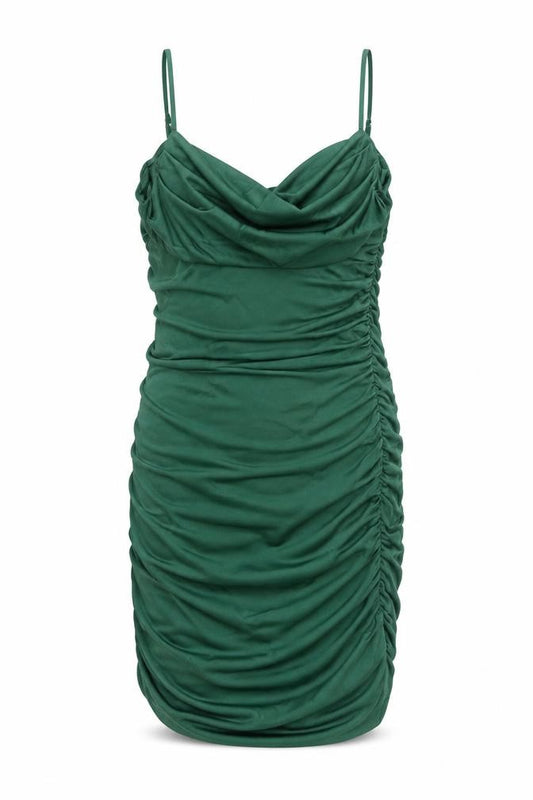 Front view of Quiz women’s green polyester bodycon, size UK 10, cowl neck pullover