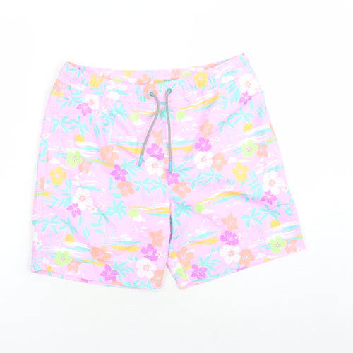 Marks and Spencer Boys Purple Floral Polyester Sweat Shorts Size 13-14 Years L7 in Regular Drawstring - Elasticated Waist Swim Shorts Pockets
