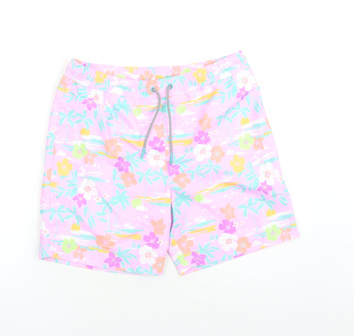 Marks and Spencer Boys Purple Floral Polyester Sweat Shorts Size 13-14 Years L7 in Regular Drawstring - Elasticated Waist Swim Shorts Pockets