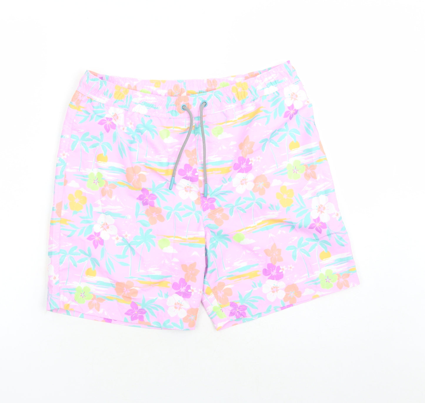 Marks and Spencer Boys Purple Floral Polyester Sweat Shorts Size 13-14 Years L7 in Regular Drawstring - Elasticated Waist Swim Shorts Pockets