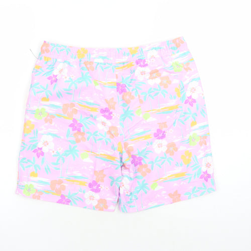 Marks and Spencer Boys Purple Floral Polyester Sweat Shorts Size 13-14 Years L7 in Regular Drawstring - Elasticated Waist Swim Shorts Pockets