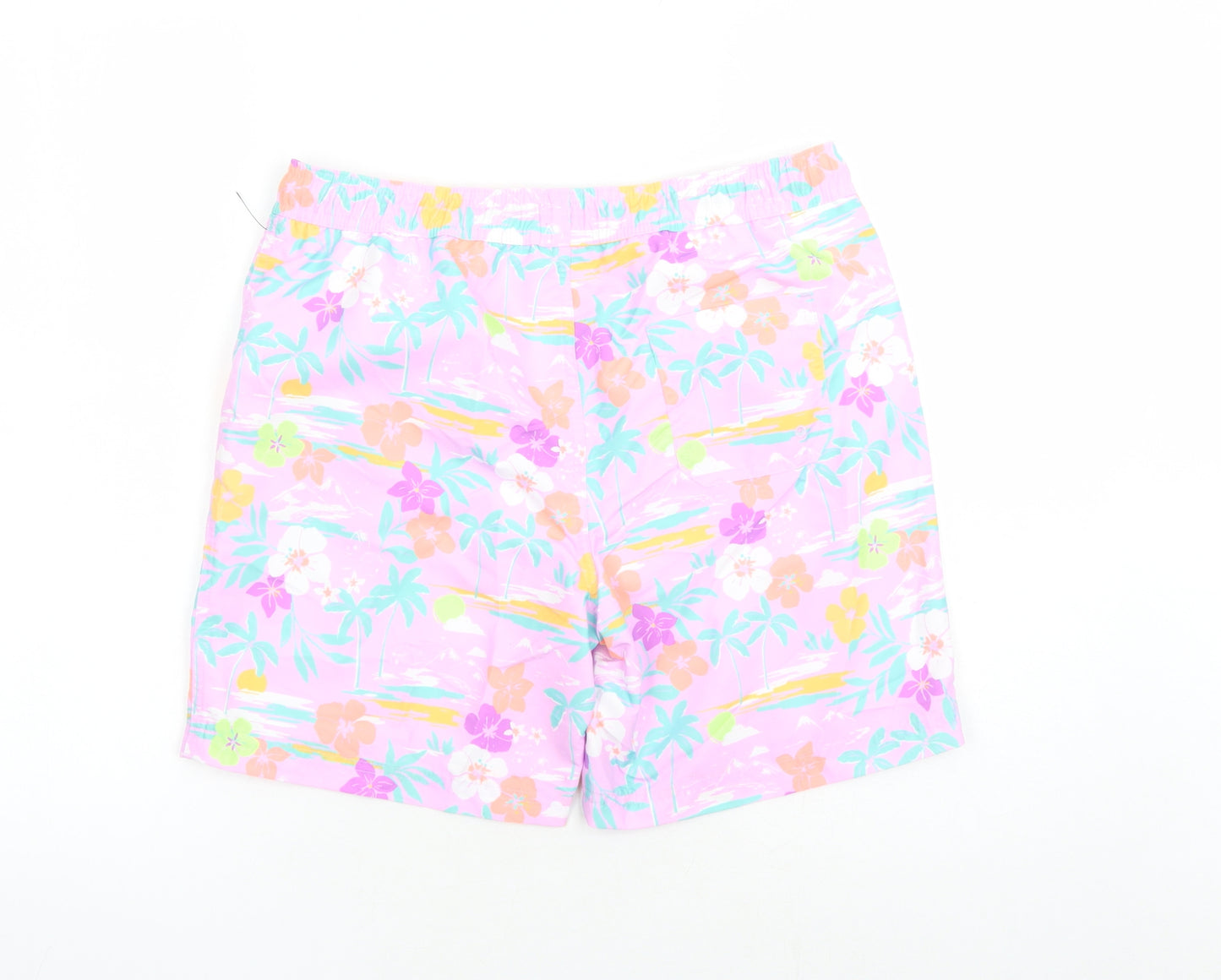 Marks and Spencer Boys Purple Floral Polyester Sweat Shorts Size 13-14 Years L7 in Regular Drawstring - Elasticated Waist Swim Shorts Pockets