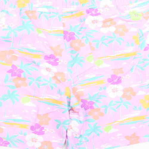 Marks and Spencer Boys Purple Floral Polyester Sweat Shorts Size 13-14 Years L7 in Regular Drawstring - Elasticated Waist Swim Shorts Pockets