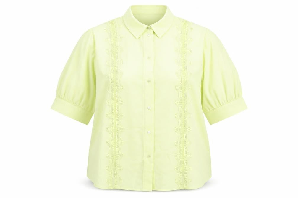 Front view of Marks & Spencer women’s yellow polyester basic button-up, size UK 18, collared