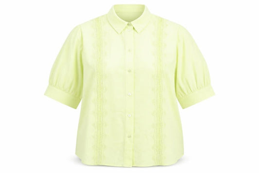 Front view of Marks & Spencer women’s yellow polyester basic button-up, size UK 18, collared