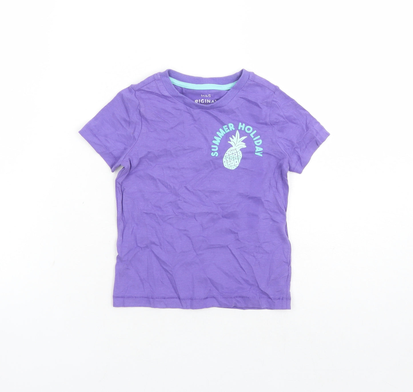 Marks and Spencer Girls Purple Cotton Basic T-Shirt Size 2-3 Years Crew Neck Pullover - Summer Holiday