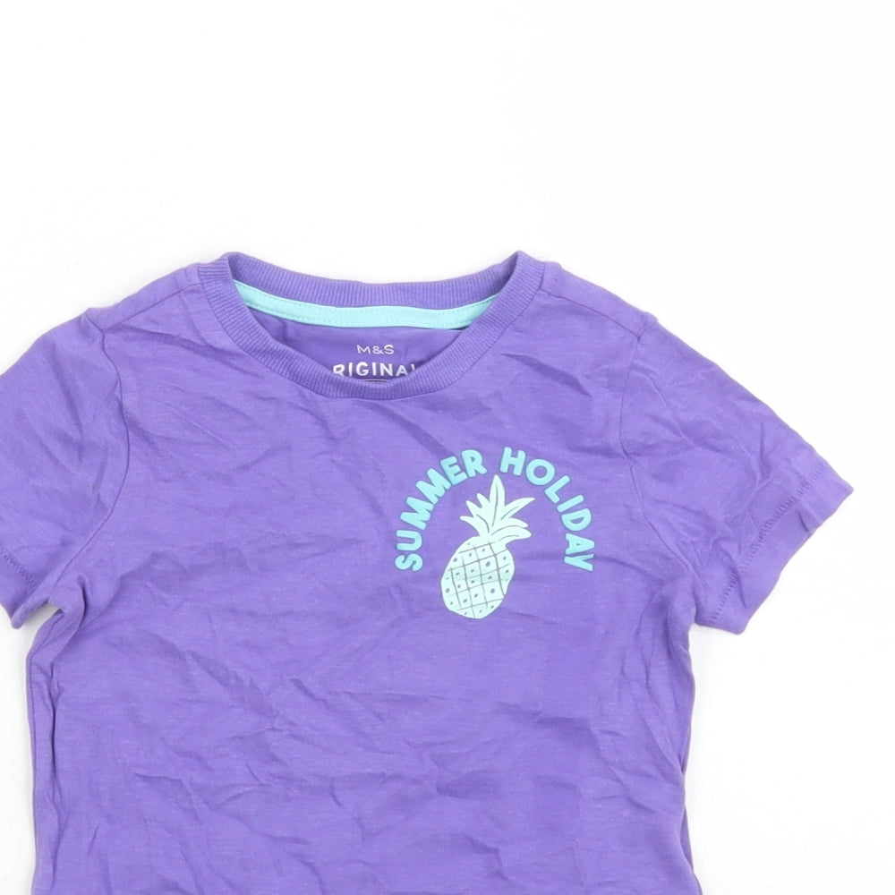 Marks and Spencer Girls Purple Cotton Basic T-Shirt Size 2-3 Years Crew Neck Pullover - Summer Holiday