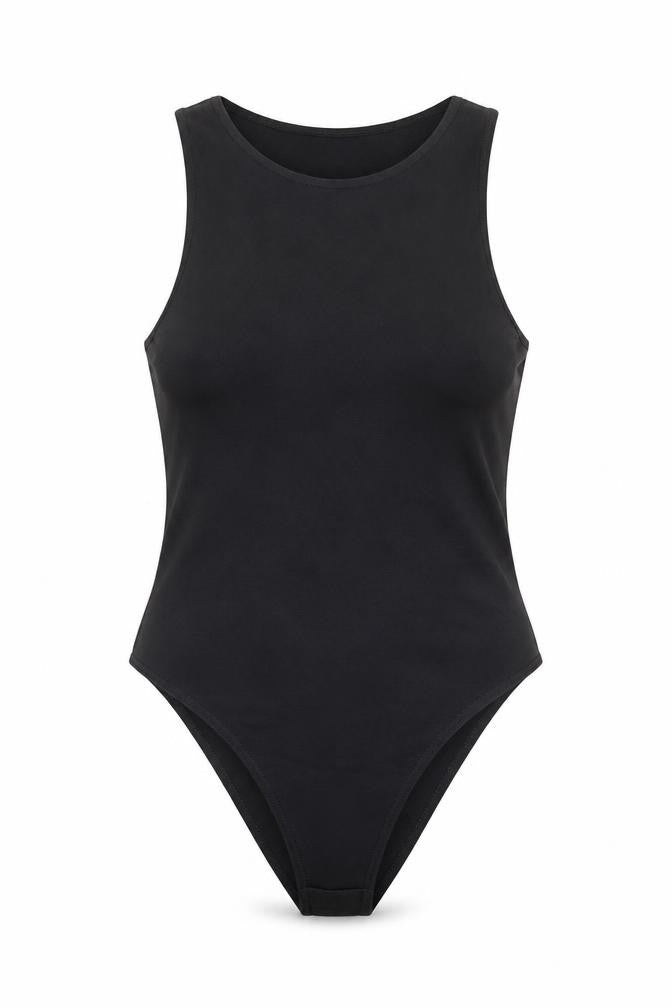 Front view of Quiz women’s black polyester bodysuit one-piece, size UK 10, snap