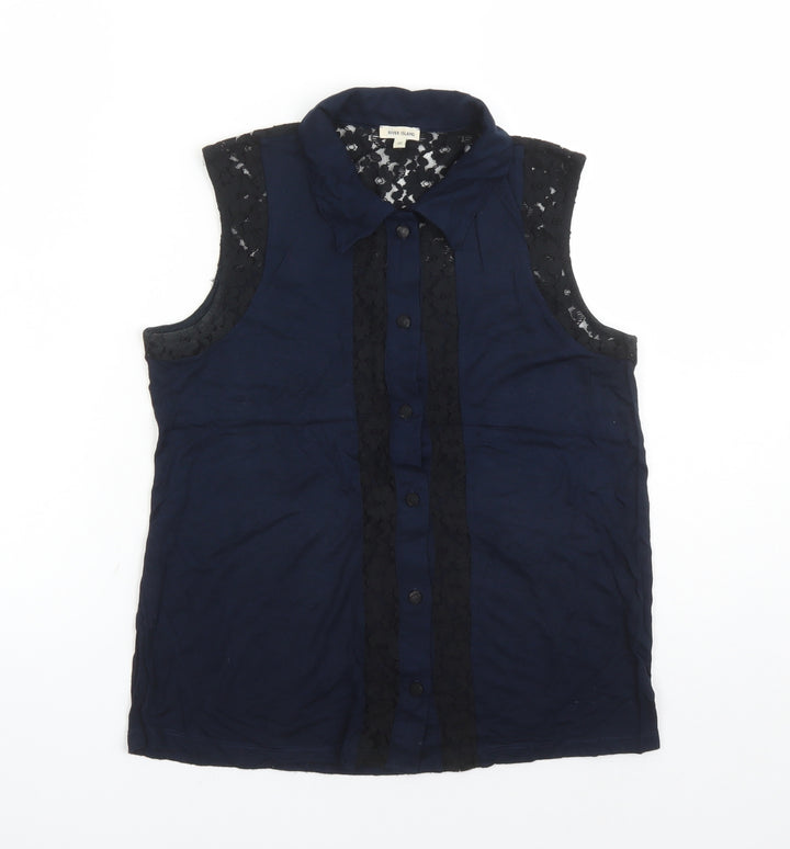 River Island Womens Blue Viscose Basic Button-Up Size 10 Collared