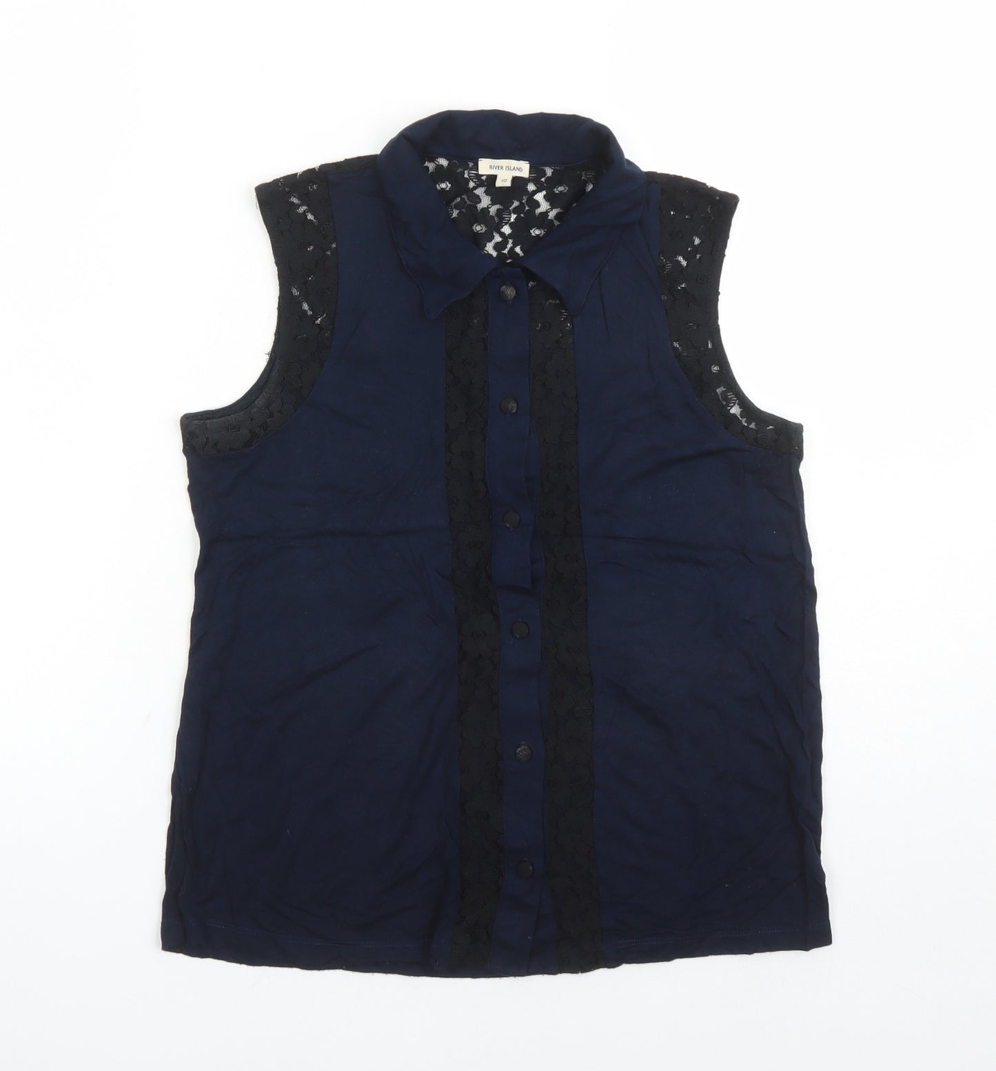 River Island Womens Blue Viscose Basic Button-Up Size 10 Collared