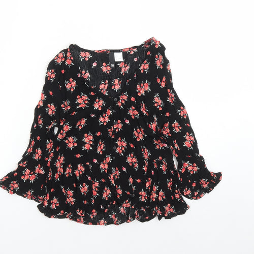 Divided by H&M Womens Black Floral Viscose Basic Button-Up Size 10 V-Neck