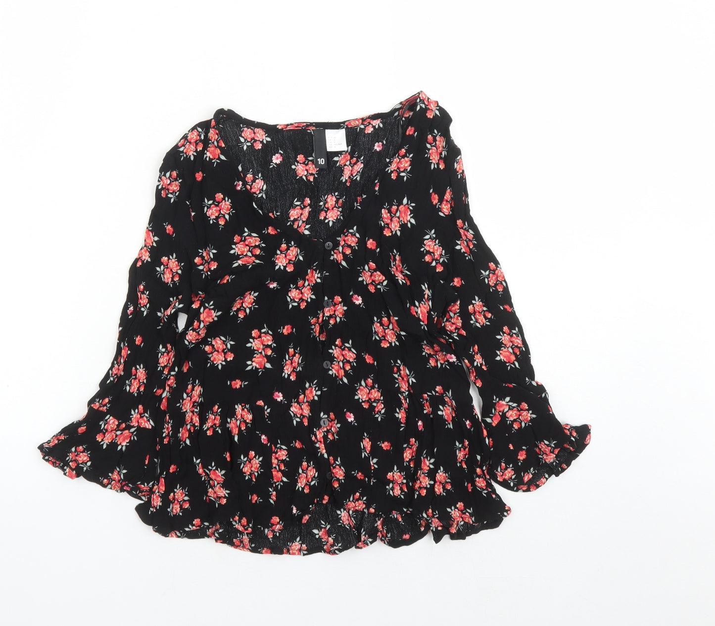 Divided by H&M Womens Black Floral Viscose Basic Button-Up Size 10 V-Neck