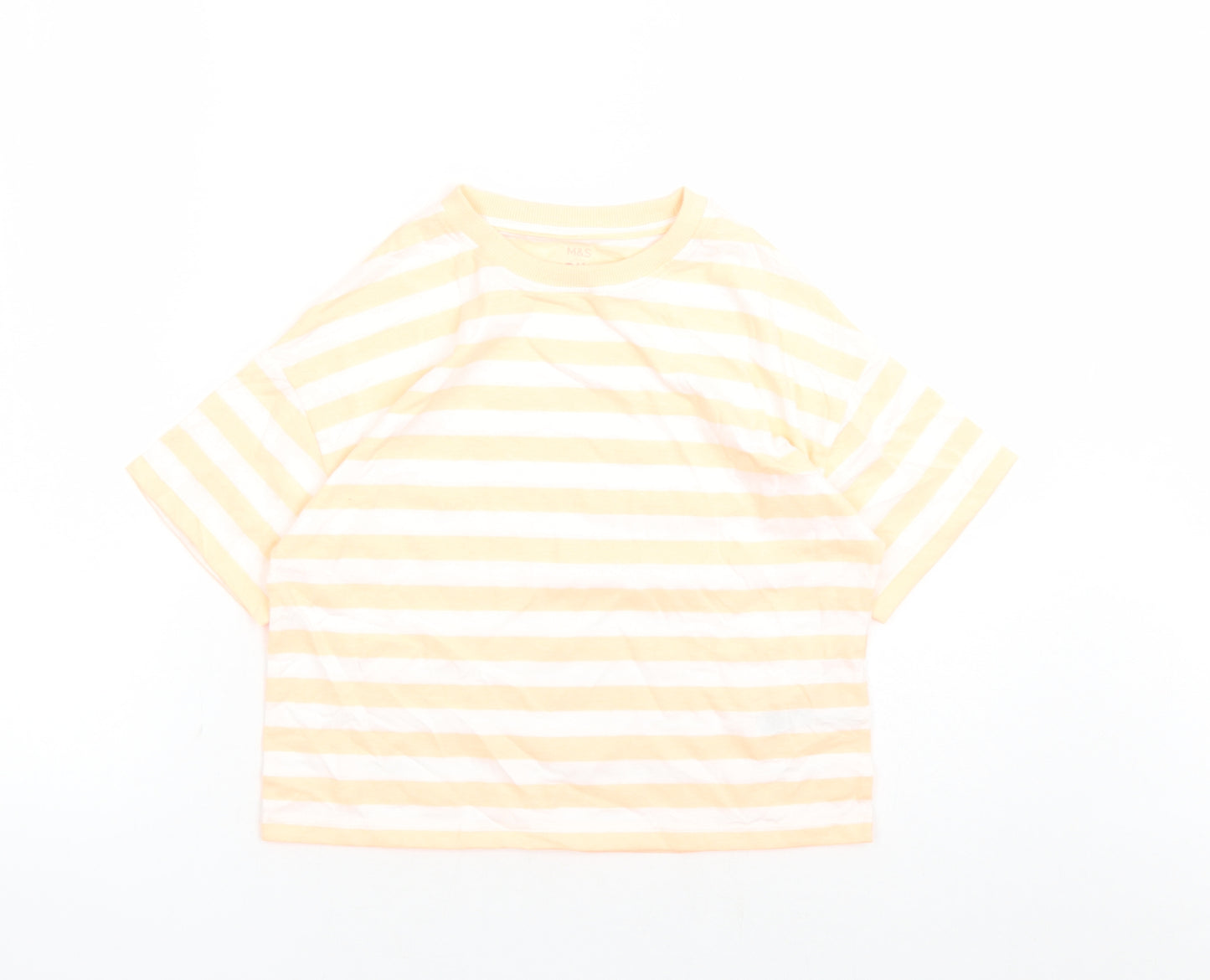 Marks and Spencer Girls Orange Striped Cotton Basic T-Shirt Size 9-10 Years Crew Neck Pullover