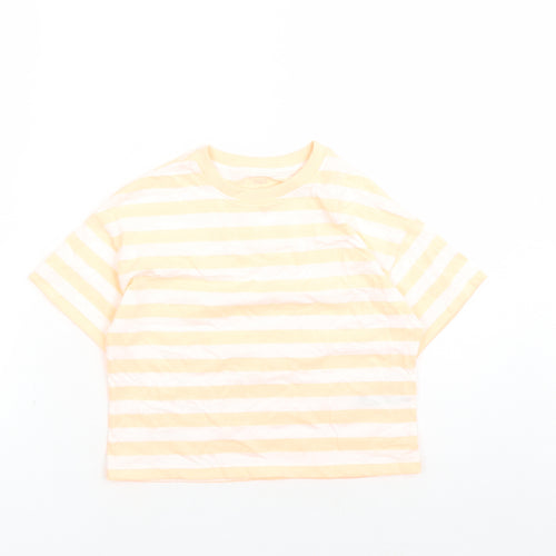 Marks and Spencer Girls Orange Striped Cotton Basic T-Shirt Size 7-8 Years Crew Neck Pullover