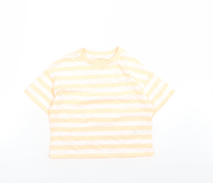 Marks and Spencer Girls Orange Striped Cotton Basic T-Shirt Size 7-8 Years Crew Neck Pullover
