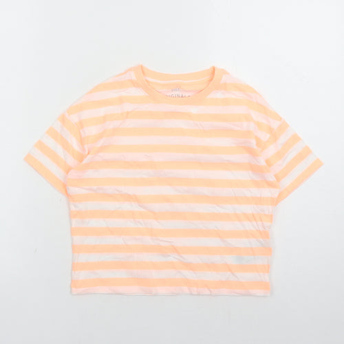 Marks and Spencer Girls Orange Striped Cotton Basic T-Shirt Size 8-9 Years Crew Neck Pullover