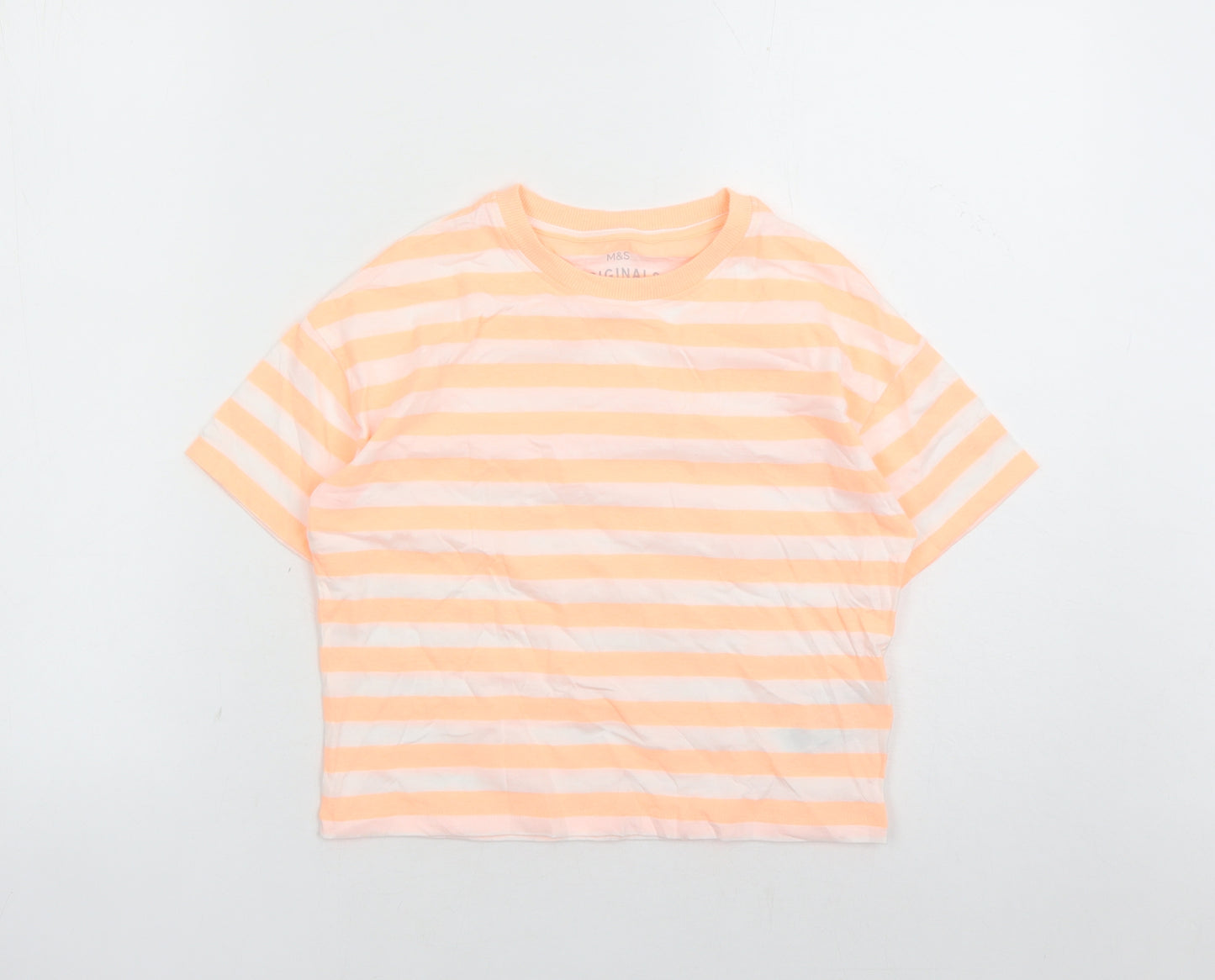 Marks and Spencer Girls Orange Striped Cotton Basic T-Shirt Size 8-9 Years Crew Neck Pullover