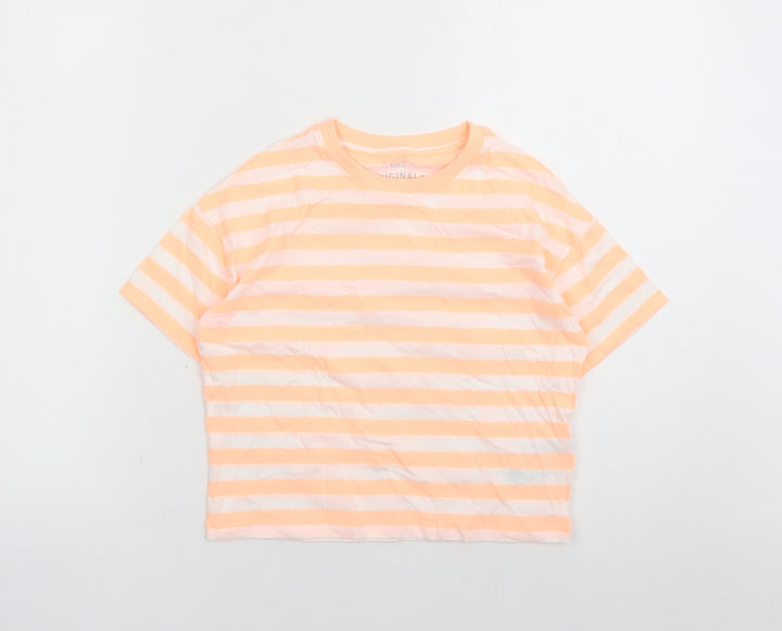 Marks and Spencer Girls Orange Striped Cotton Basic T-Shirt Size 8-9 Years Crew Neck Pullover