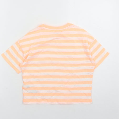 Marks and Spencer Girls Orange Striped Cotton Basic T-Shirt Size 8-9 Years Crew Neck Pullover