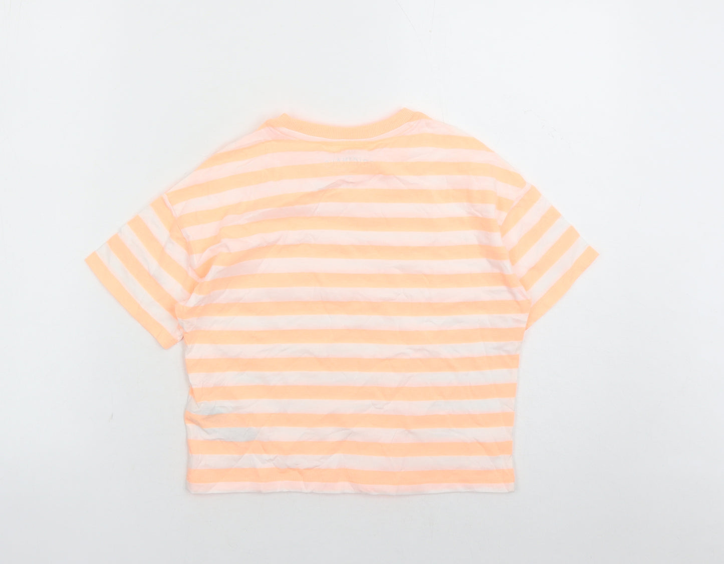 Marks and Spencer Girls Orange Striped Cotton Basic T-Shirt Size 8-9 Years Crew Neck Pullover