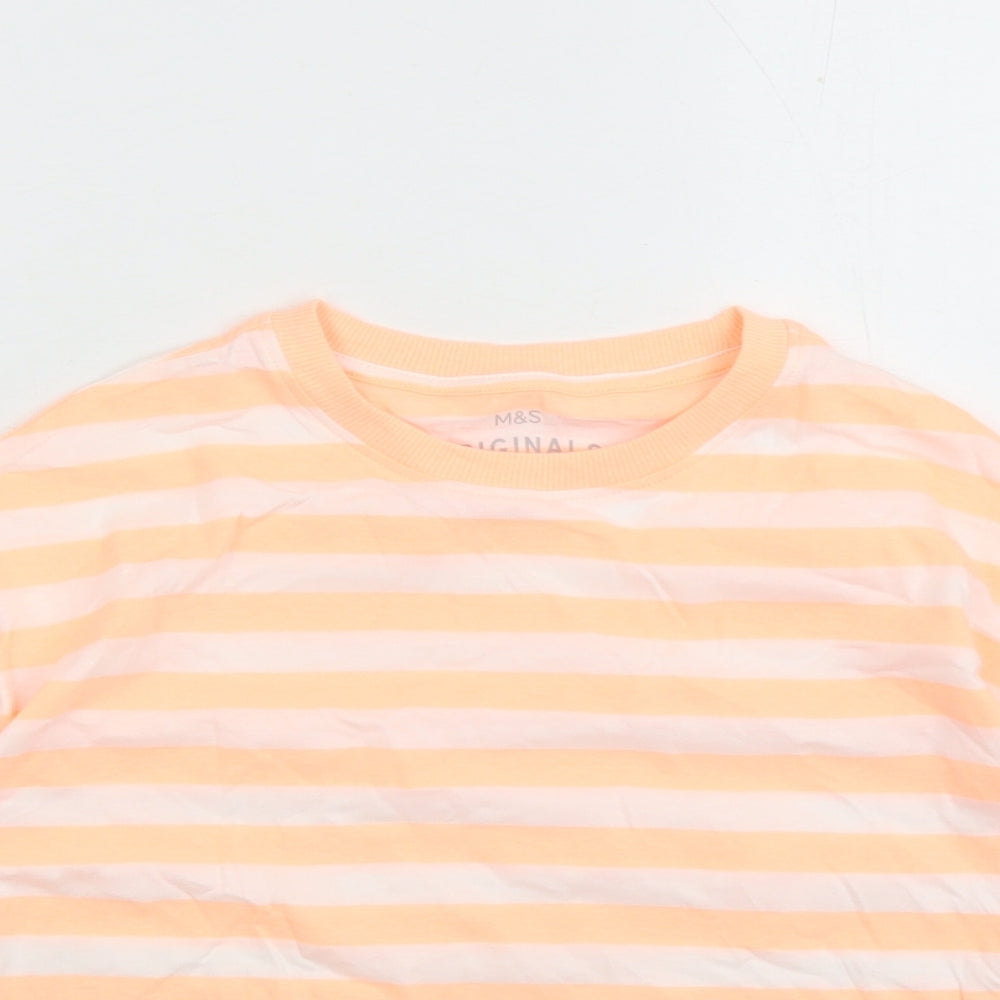 Marks and Spencer Girls Orange Striped Cotton Basic T-Shirt Size 8-9 Years Crew Neck Pullover