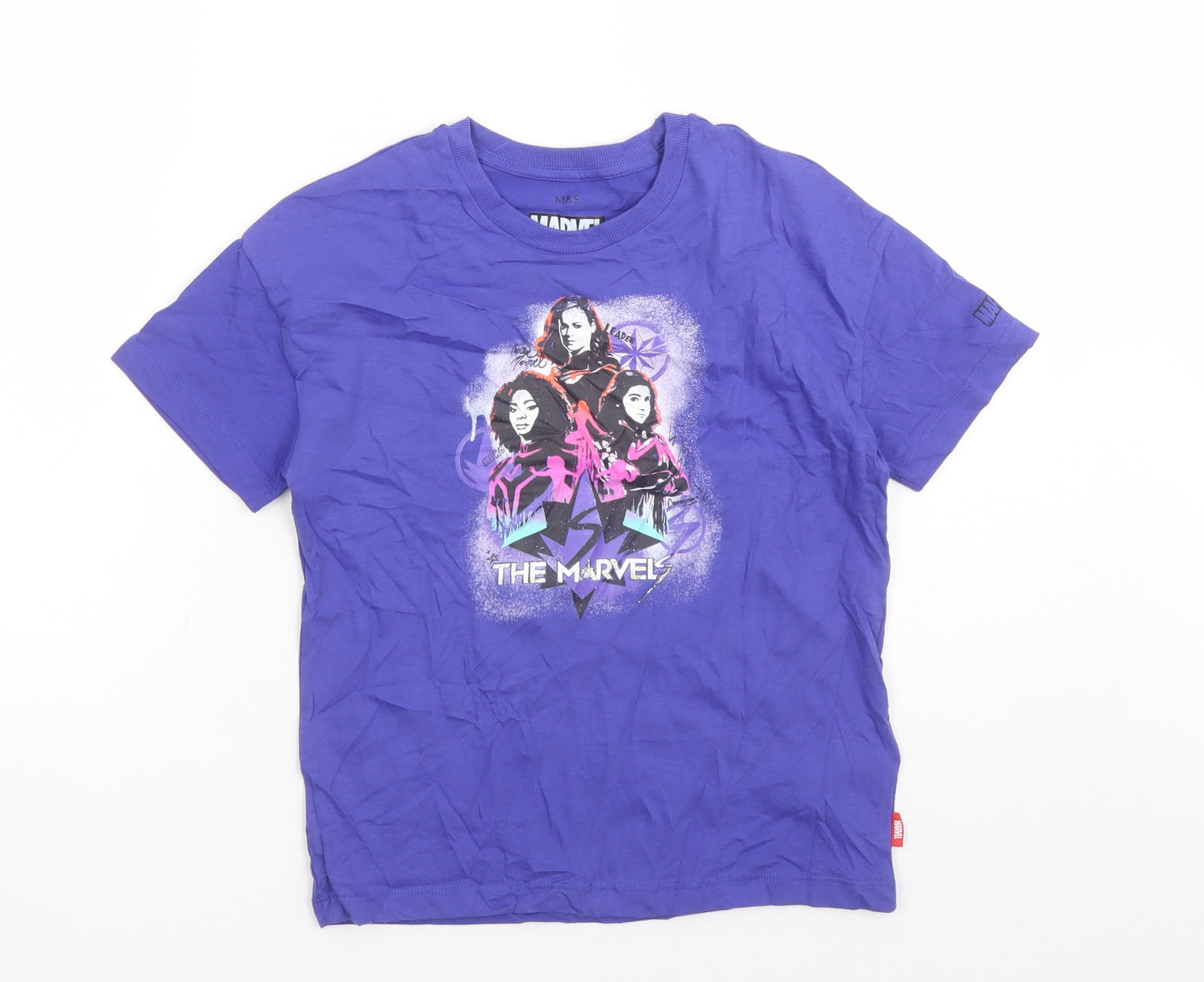 Marks and Spencer Girls Purple Cotton Basic T-Shirt Size 8-9 Years Crew Neck Pullover - Marvel