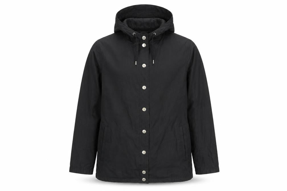 Front view of Four Seasons men’s black rain coat coat, size S, snap